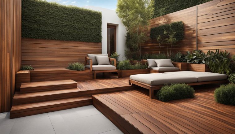 Modernes Terrassendesign mit geometrischen Holzmotiven